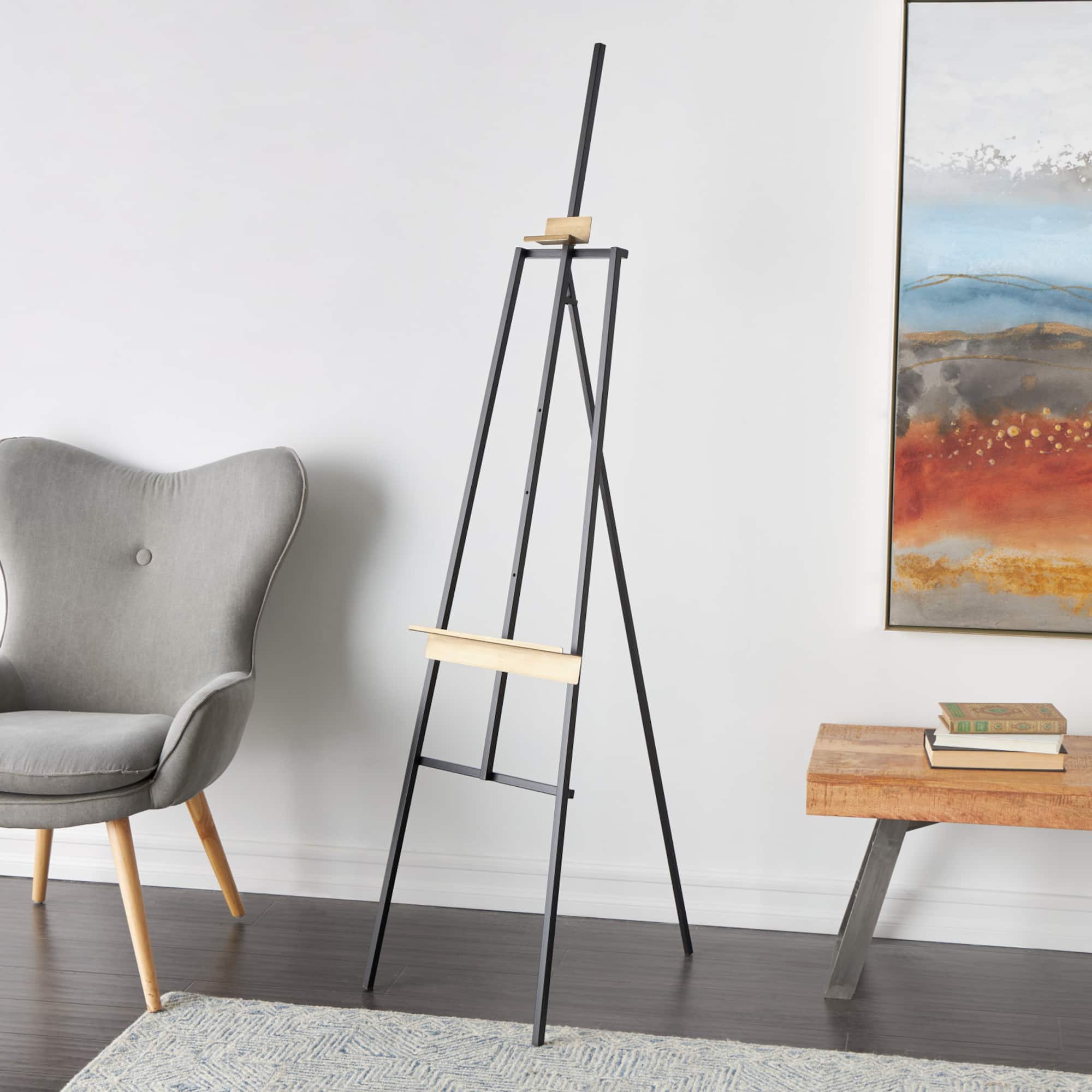 68.5" Black Metal Painter's Inspired 4-Tier Display Easel with Gold Accents